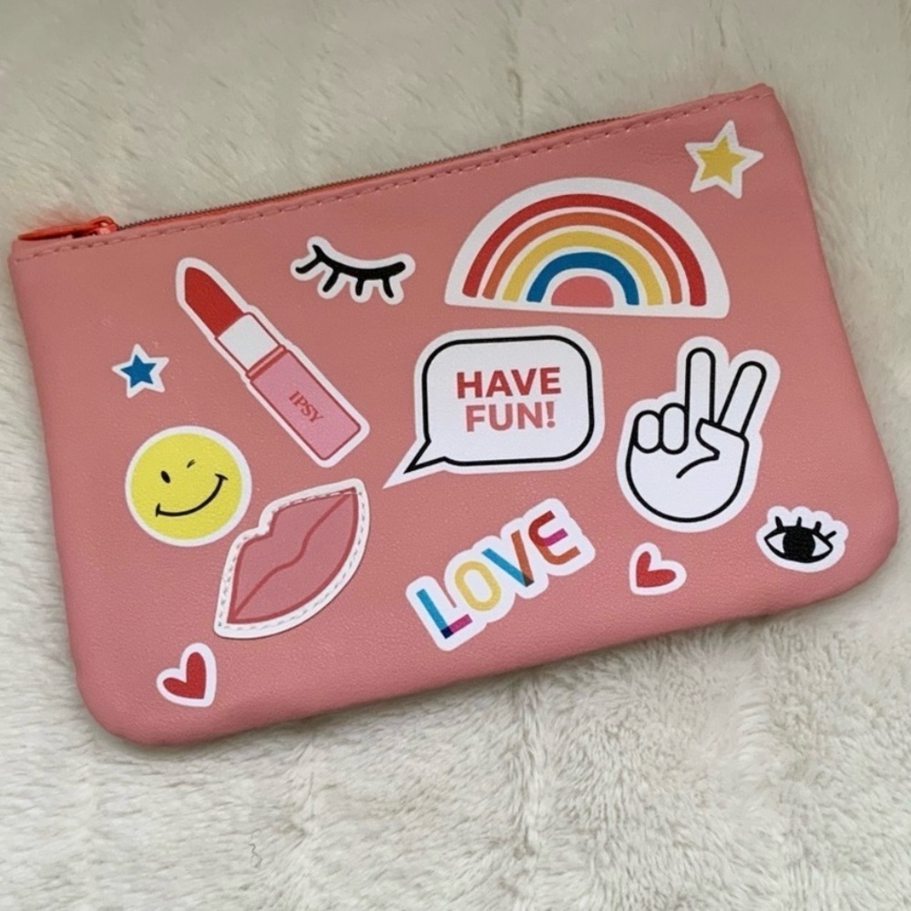 New Ipsy Cosmetic Bag Pink Multicolor Y2K Sticker Design Makeup Case